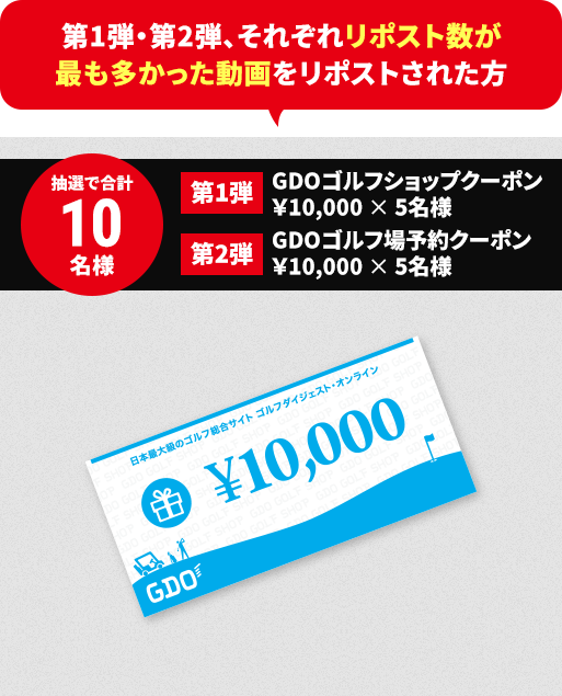 ［第1弾］GDOゴルフショップクーポン￥10,000 × 5名様［第2弾］GDOゴルフ場予約クーポン￥10,000 × 5名様