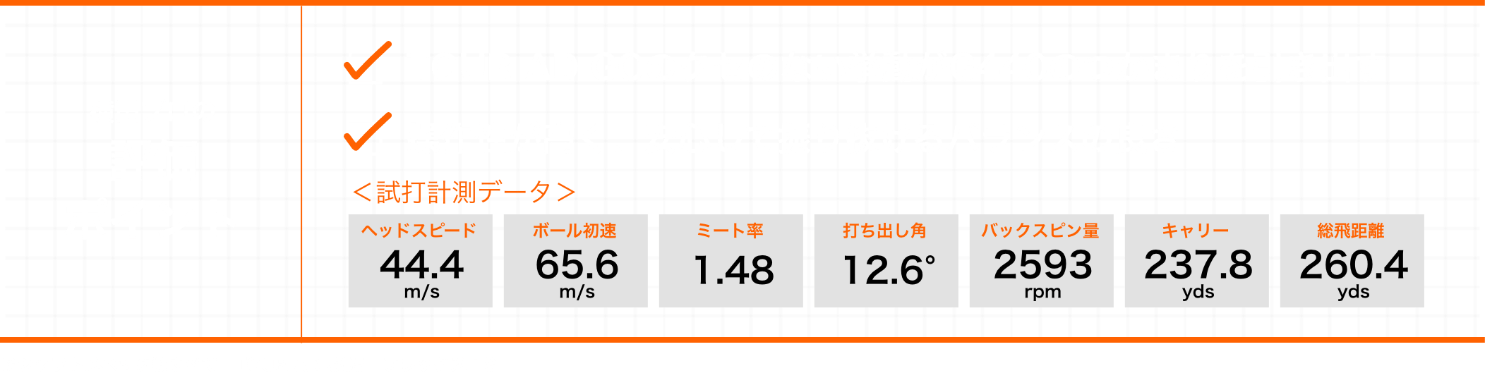 横田プロの評価ポイント ・TOUR AD GCのクセのない挙動がG440のつかまりを引き出す ・操作性が高く、安心して振り抜けるバランスの良さ  ＜試打計測データ＞ヘッドスピード:44.4m/s  ボール初速:65.6m/s  ミート率:1.48  打ち出し角:12.6°  バックスピン量:2593rpm  キャリー:237.8yds  総飛距離:260.4yds  ※シャフトスペックはすべて TOUR AD GC5 フレックス:S