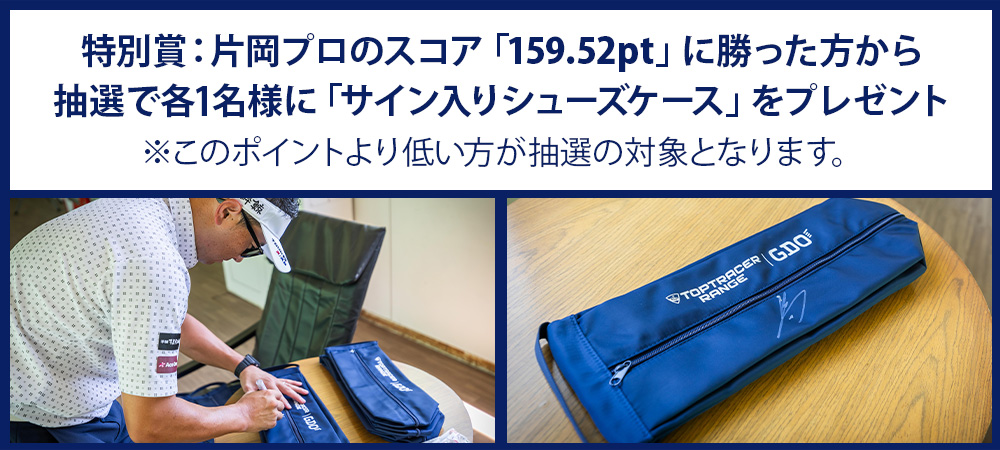 特別賞：片岡プロのスコア「159.52pt」に勝った方から抽選で1名様に「サイン入りシューズケース」をプレゼント